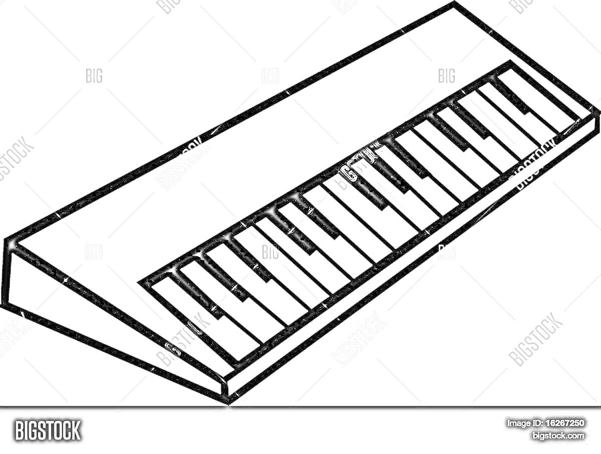 На раскраске изображено: Синтезатор, Клавиши, Изометрия, Музыка, Музыкальные инструменты