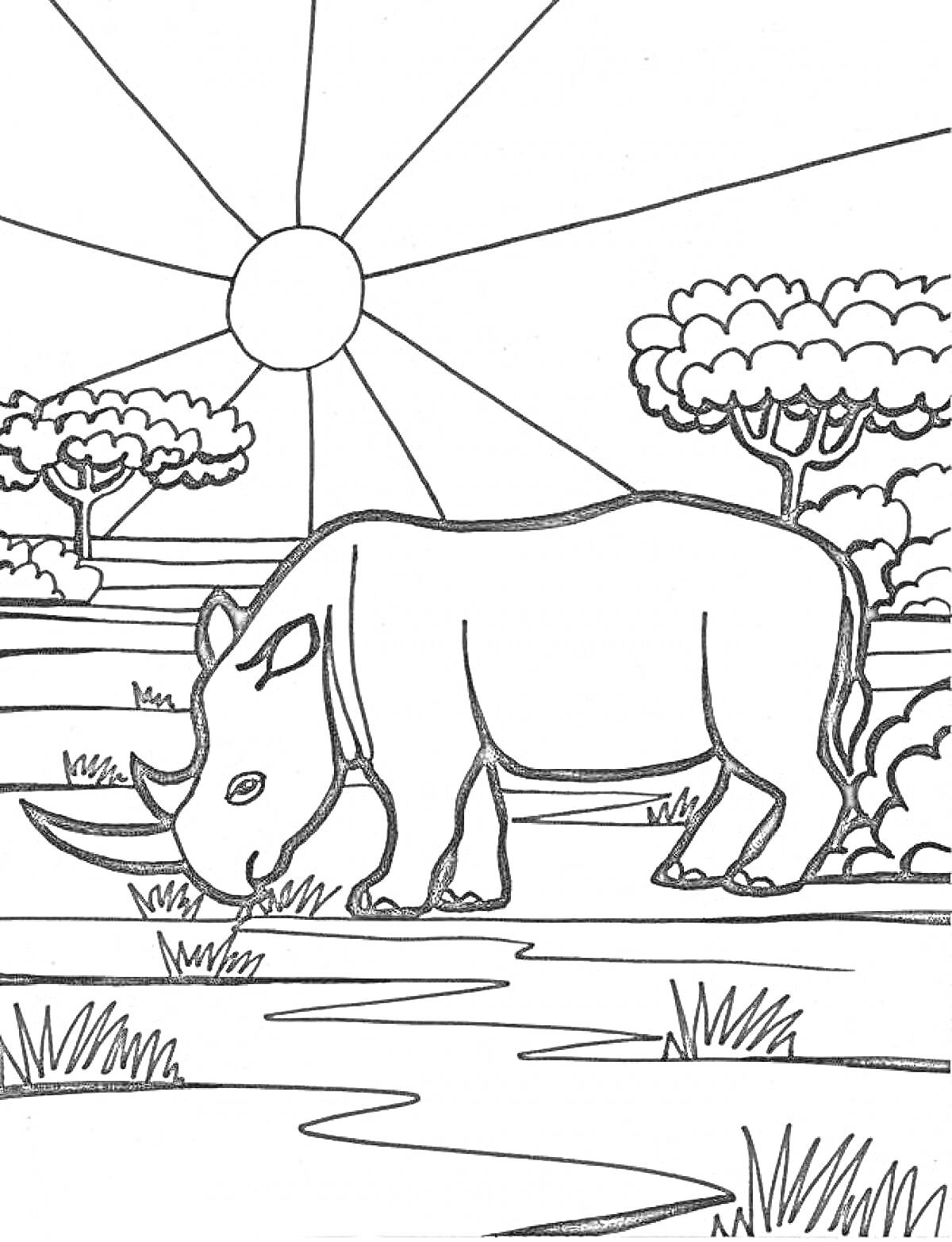 Раскраска Носорог на лугу с деревьями и солнцем на фоне