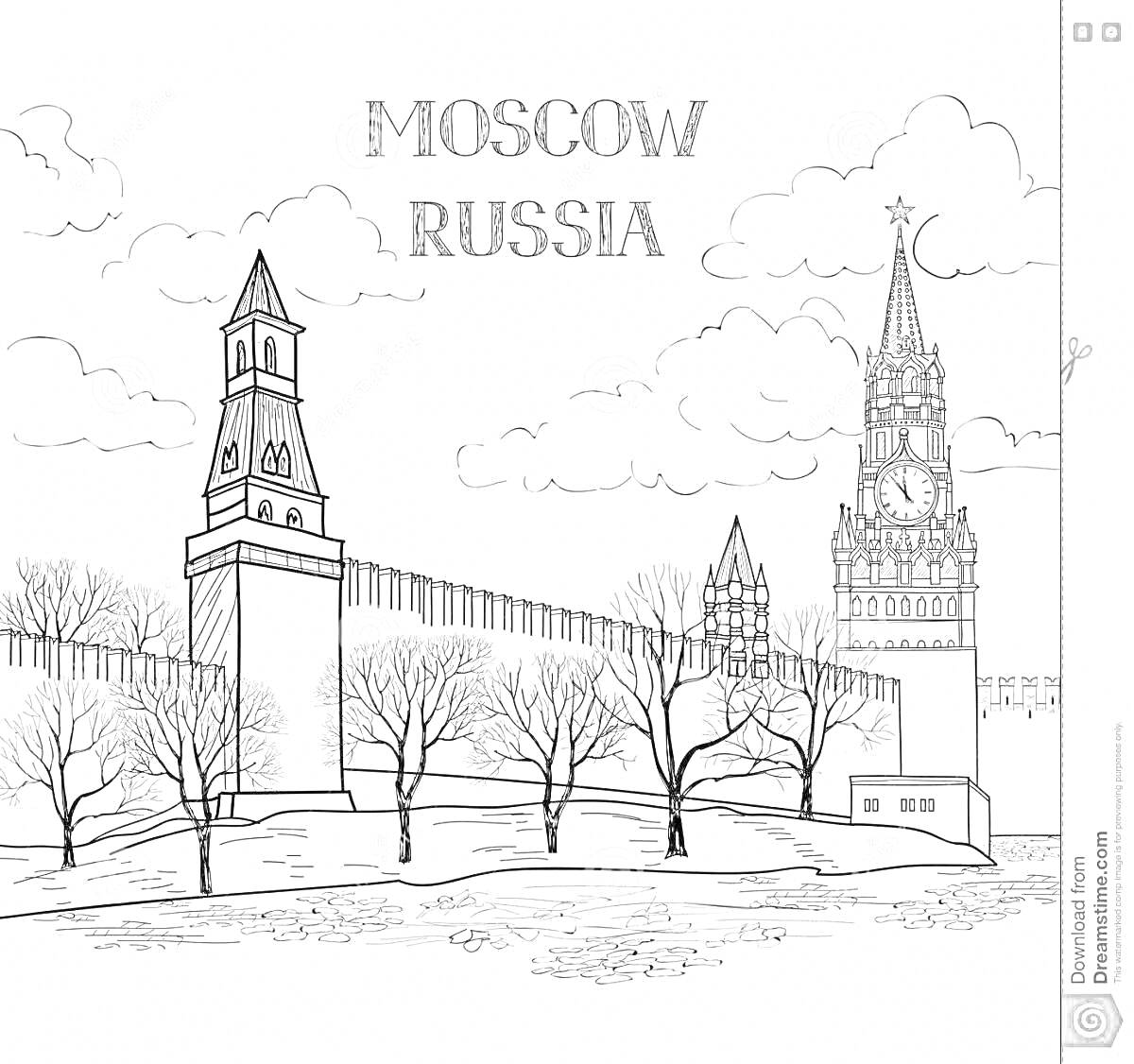 На раскраске изображено: Москва, Красная площадь, Кремль, Башни, Деревья, Зима, Архитектура, Историческое место, Россия, Стена, Иллюстрация