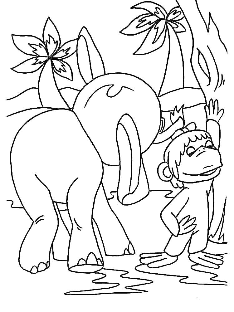 Раскраска Слоненок и мартышка возле пальмы на фоне джунглей