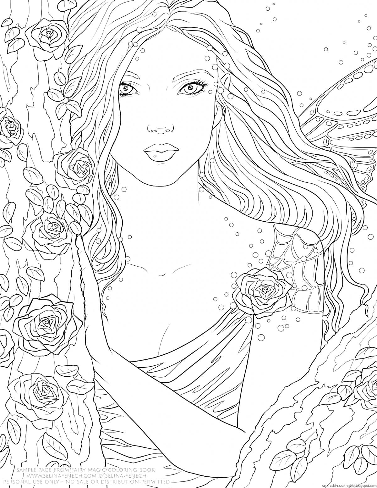 Раскраска Женщина, длинные волосы, в платье, с крыльями, среди деревьев с розами
