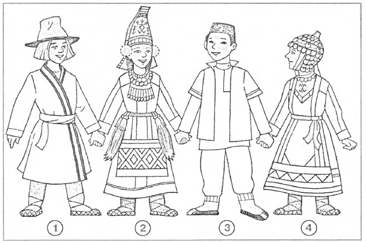 На раскраске изображено: Чувашский костюм, Национальная одежда, Традиции, Этническая одежда, Культурное наследие, Головные уборы, Пояса, Кафтан, Платье