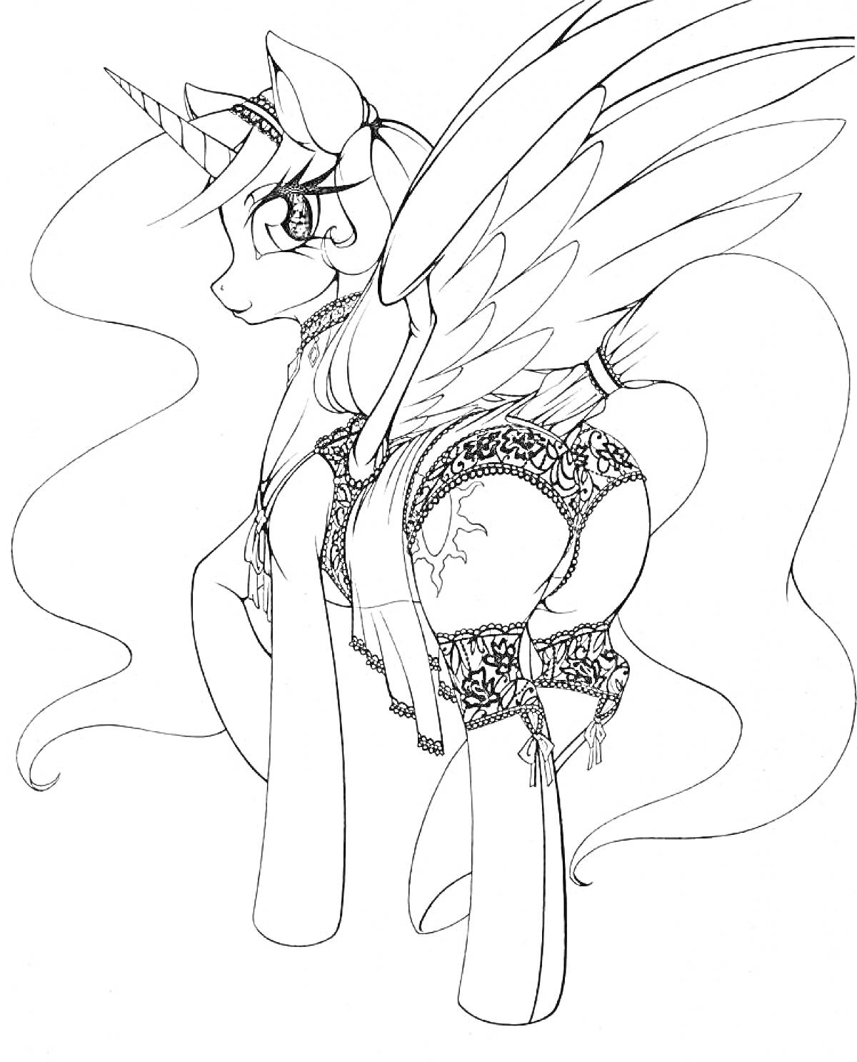 Раскраска Пони-единорог с крыльями, одетый в декоративное белье, с длинной гривой и хвостом