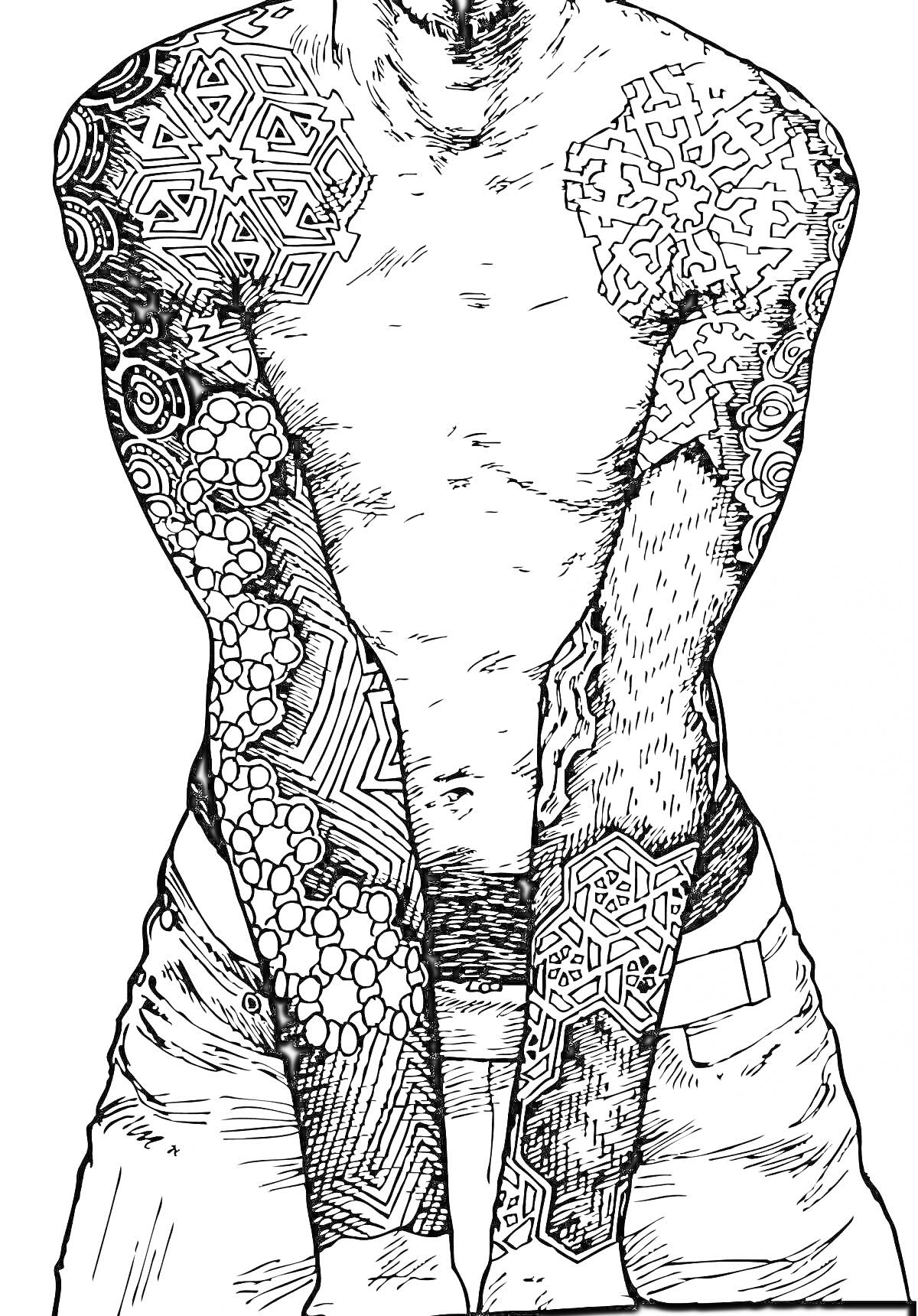 На раскраске изображено: Татуировки, Геометрические узоры, Шорты, Рукава, Грудь, Мужчина, Для взрослых