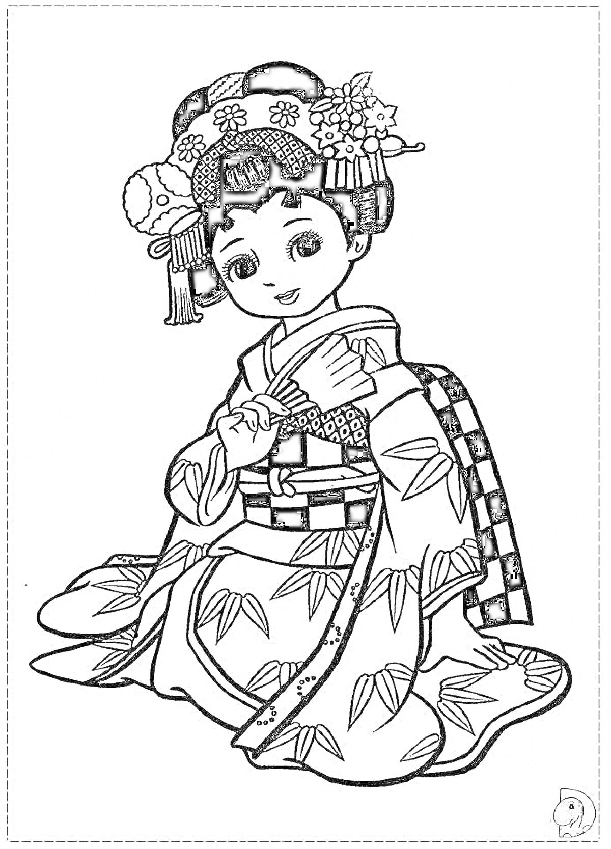 На раскраске изображено: Девочка, Традиционная одежда, Веер, Украшение для волос, Платье, Узоры, Цветы, Волосы