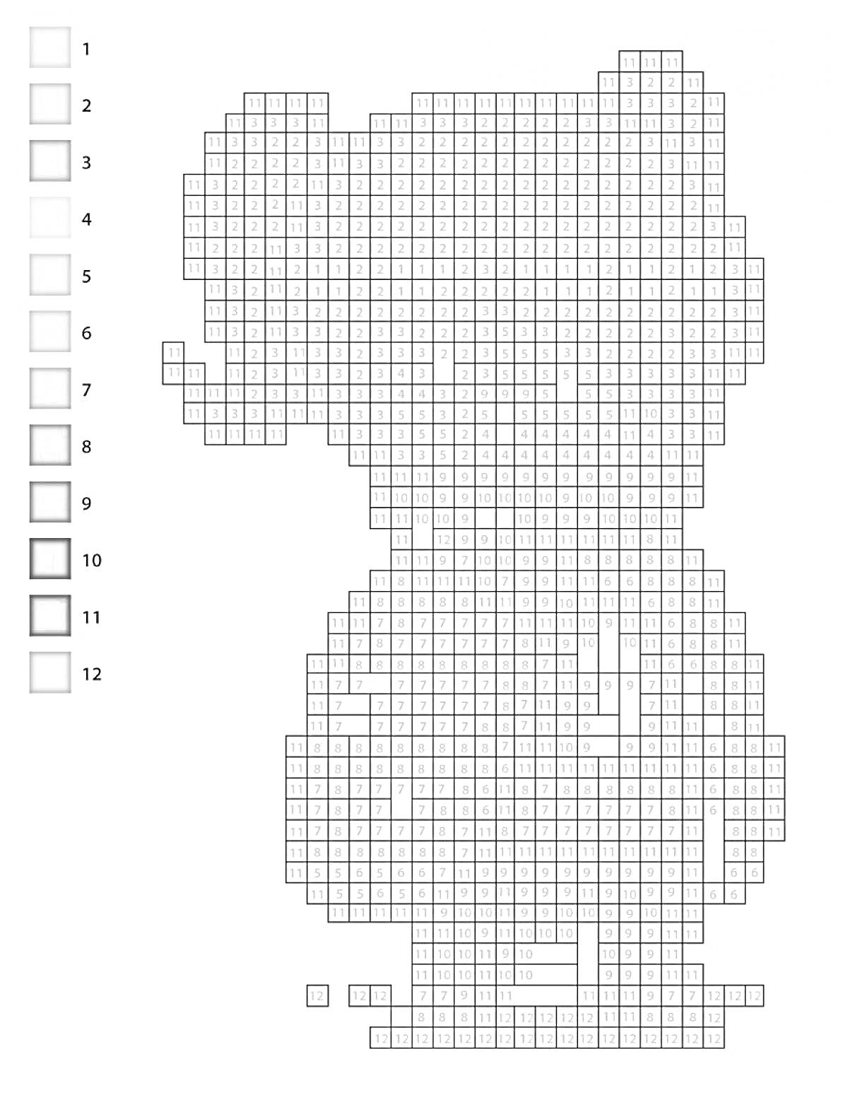 Раскраска Пиксельная раскраска с изображением медвежонка, содержит 12 цветов
