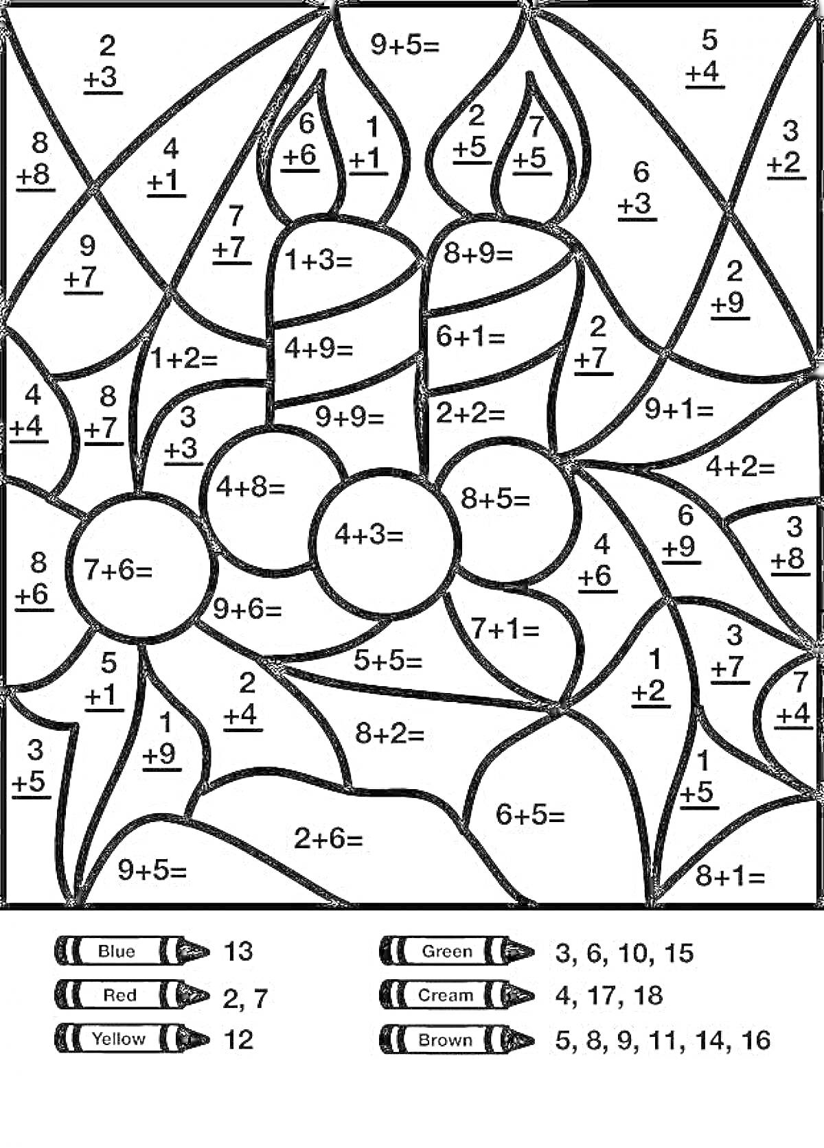 Цветная новогодняя раскраска с математическими примерами (снеговик, елка, снежинки)