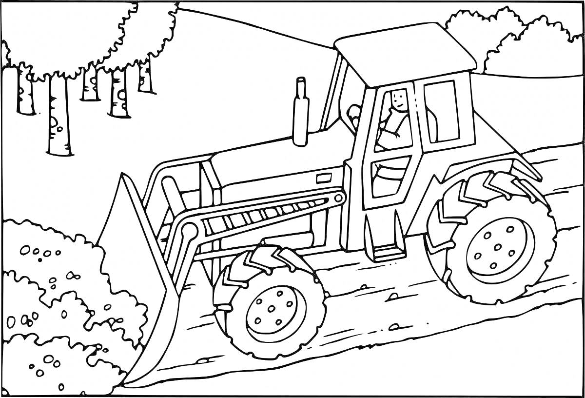 Раскраска Трактор чистит дорогу от снега, лес с берёзами на заднем плане, человек за рулём трактора.