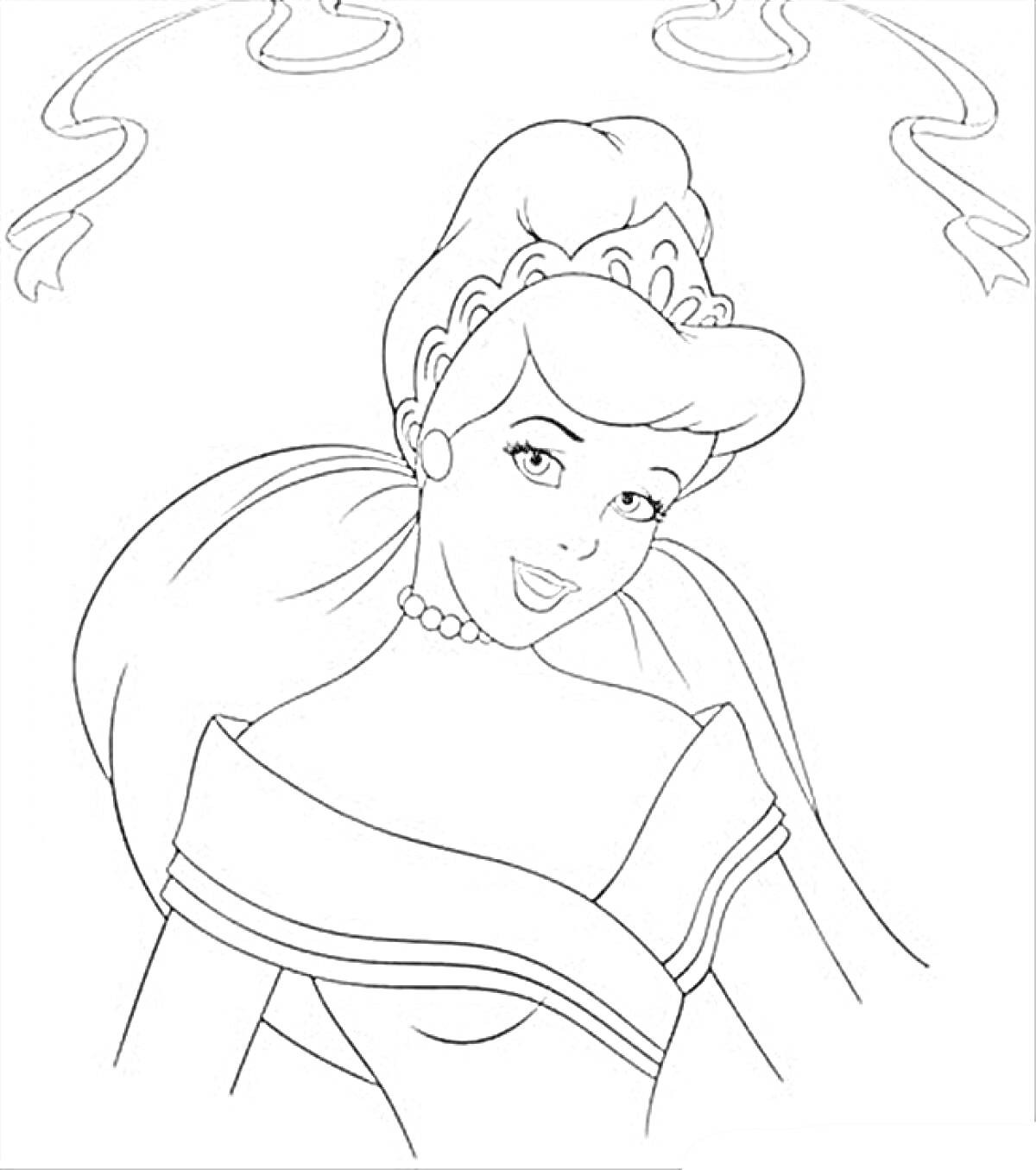 Раскраска Принцесса с тиарой, улыбающаяся в платье с оголёнными плечами, с ленточками на заднем фоне