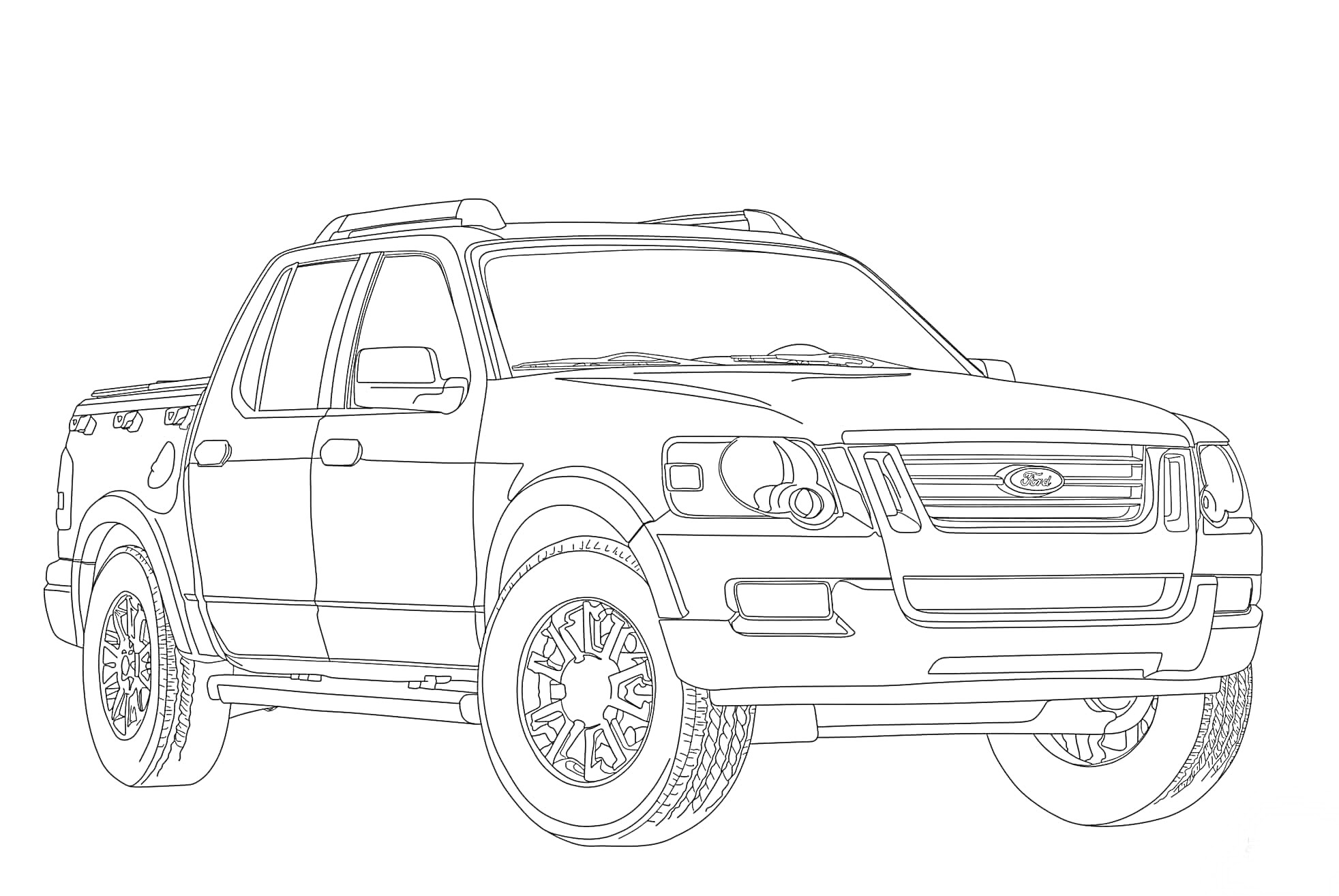 Линия для раскраски пикапа Ford с детализированными колесами и передними фарами