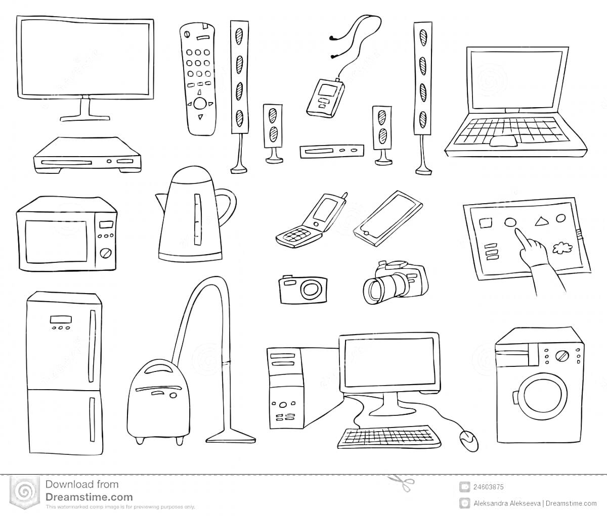На раскраске изображено: Электроника, Телевидение, Пульт, Колонки, Ноутбук, Электрочайник, Микроволновая печь, Сотовый телефон, Фотоаппарат, Пылесос, Мышь, Клавиатура, Холодильник, Стиральная машина, Планшет, Сенсорный экран