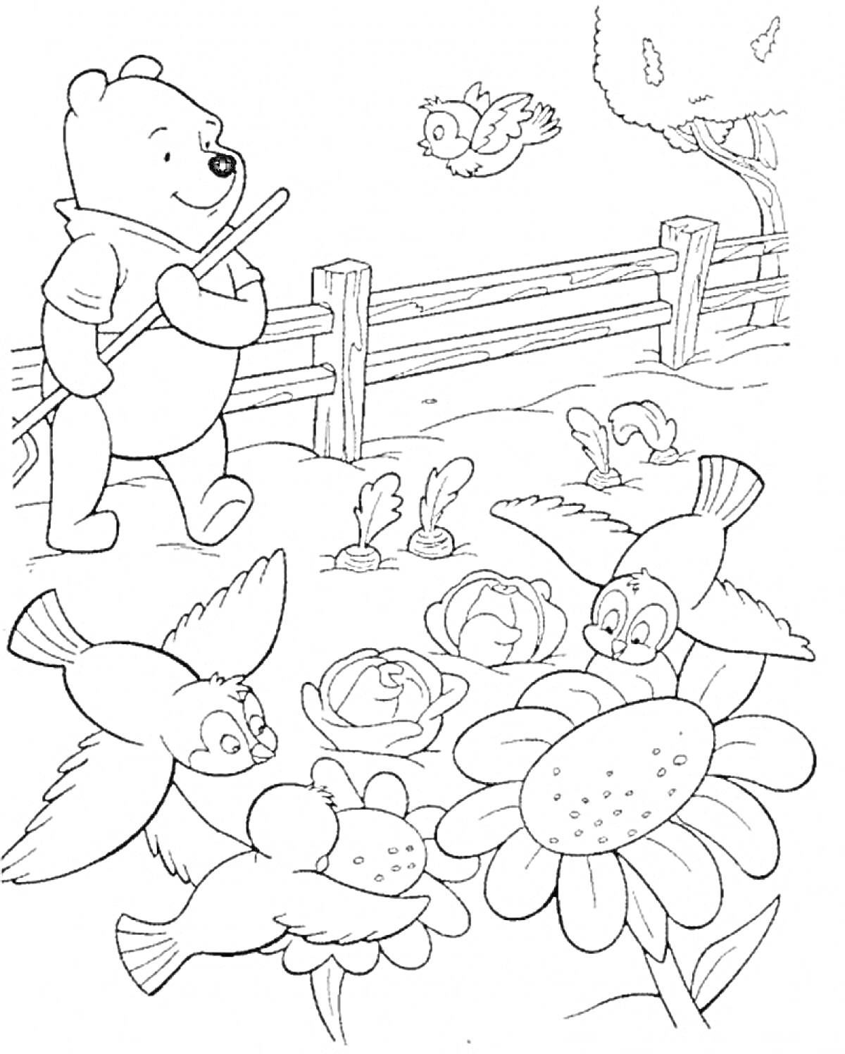Раскраска Медведь с веткой, птицы, растущие цветы и забор на лужайке