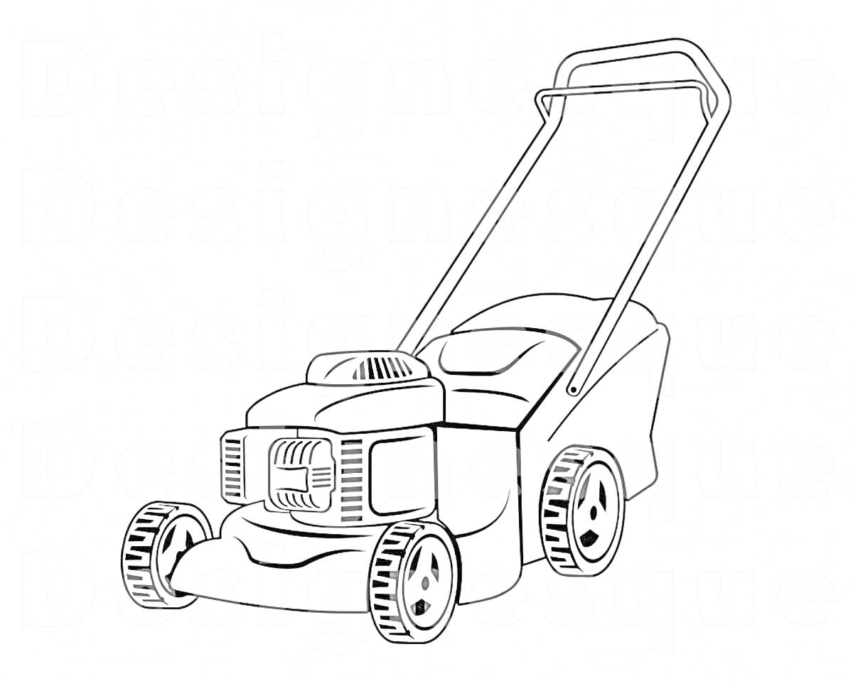 Раскраска Газонокосилка с ручкой, колесами и мотором