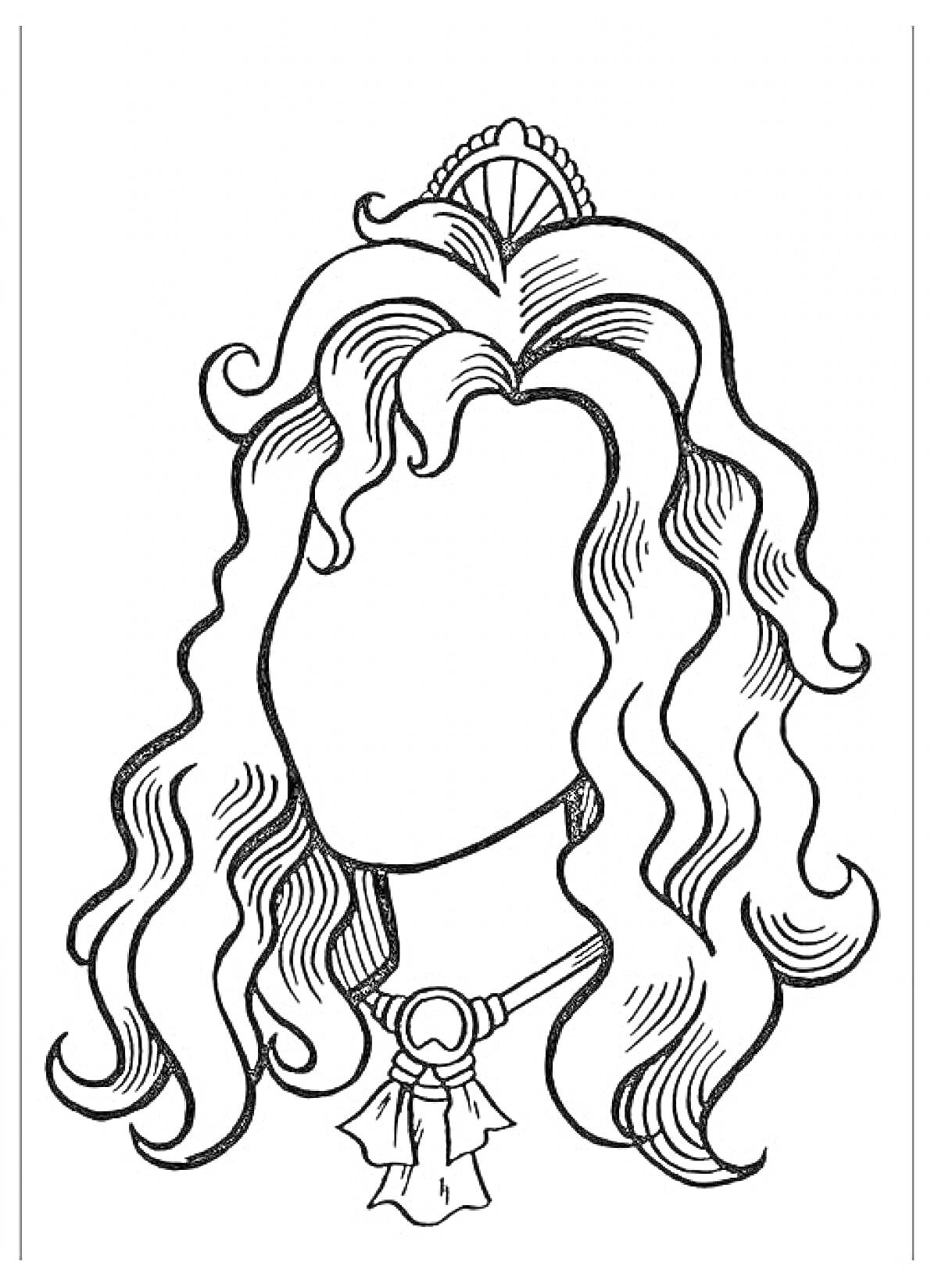 На раскраске изображено: Мама, Волнистые волосы, Длинные волосы, Корона, Ожерелье, Бант, Украшения, Портреты