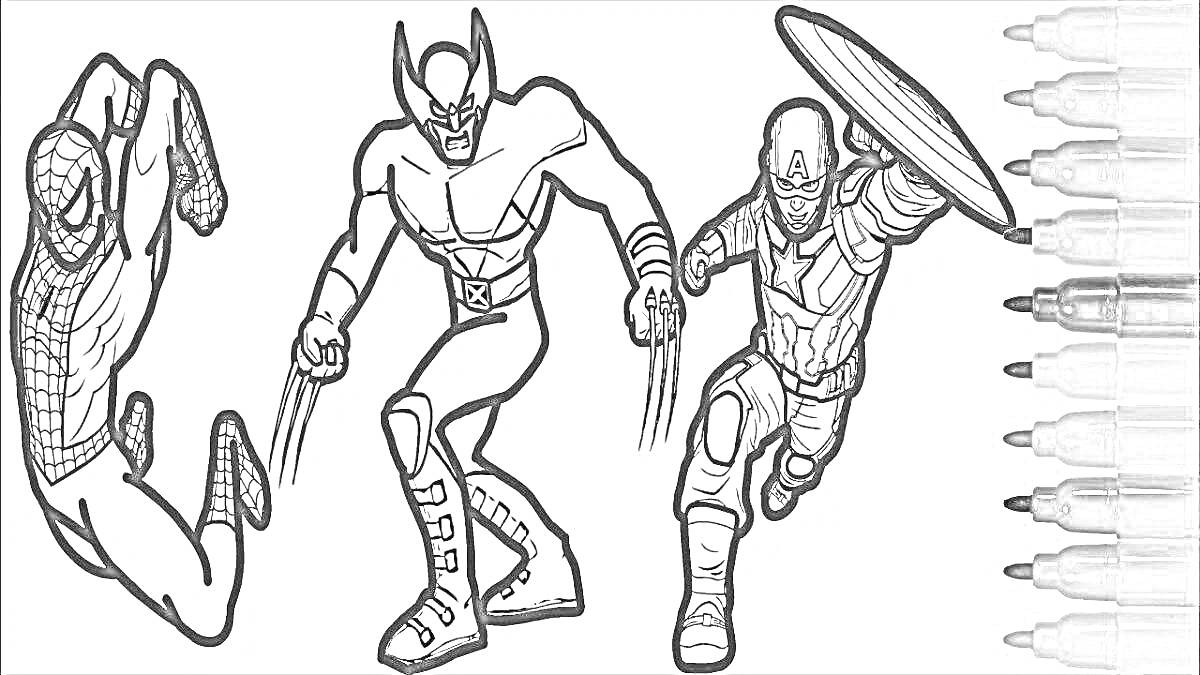 Раскраска Человек-паук, Росомаха и супергерой с щитом