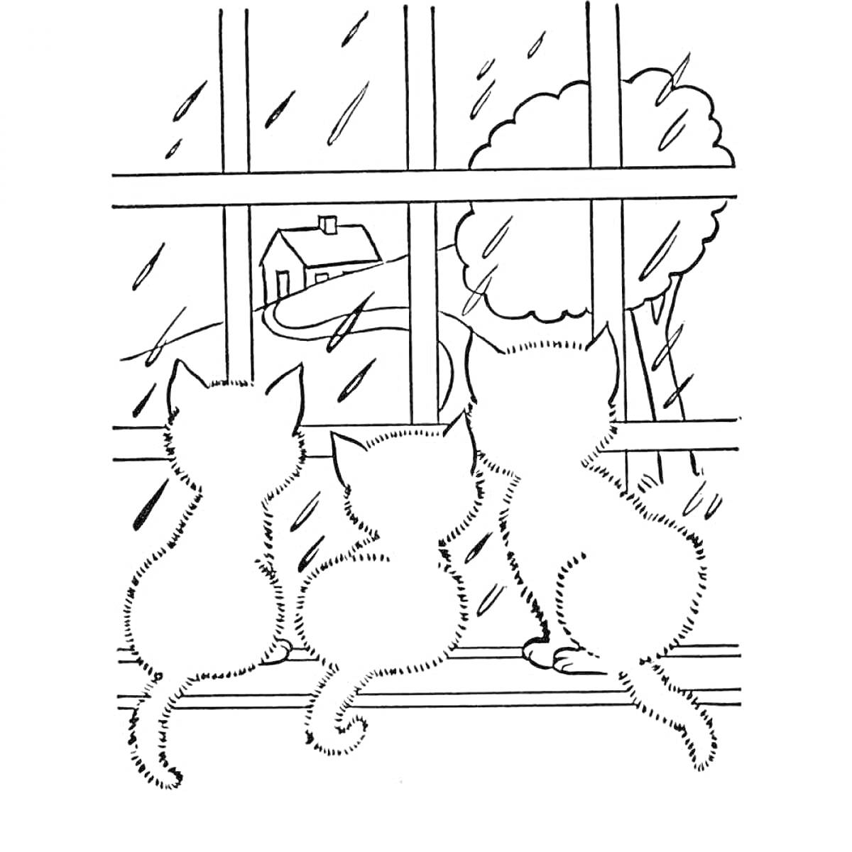 Раскраска Три котенка смотрят в окно на дом и деревья