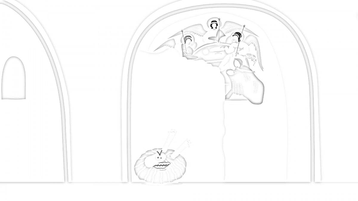 На раскраске изображено: Борода, Стена, Арка, Комната, Инструмент, Человек