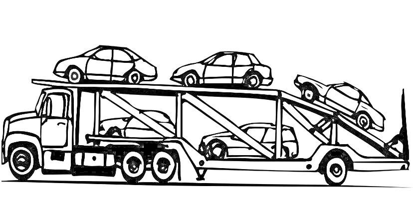 На раскраске изображено: Автовоз, Транспортировка, Транспорт, Тягач, Грузовая машина, Легковая машина, Авто