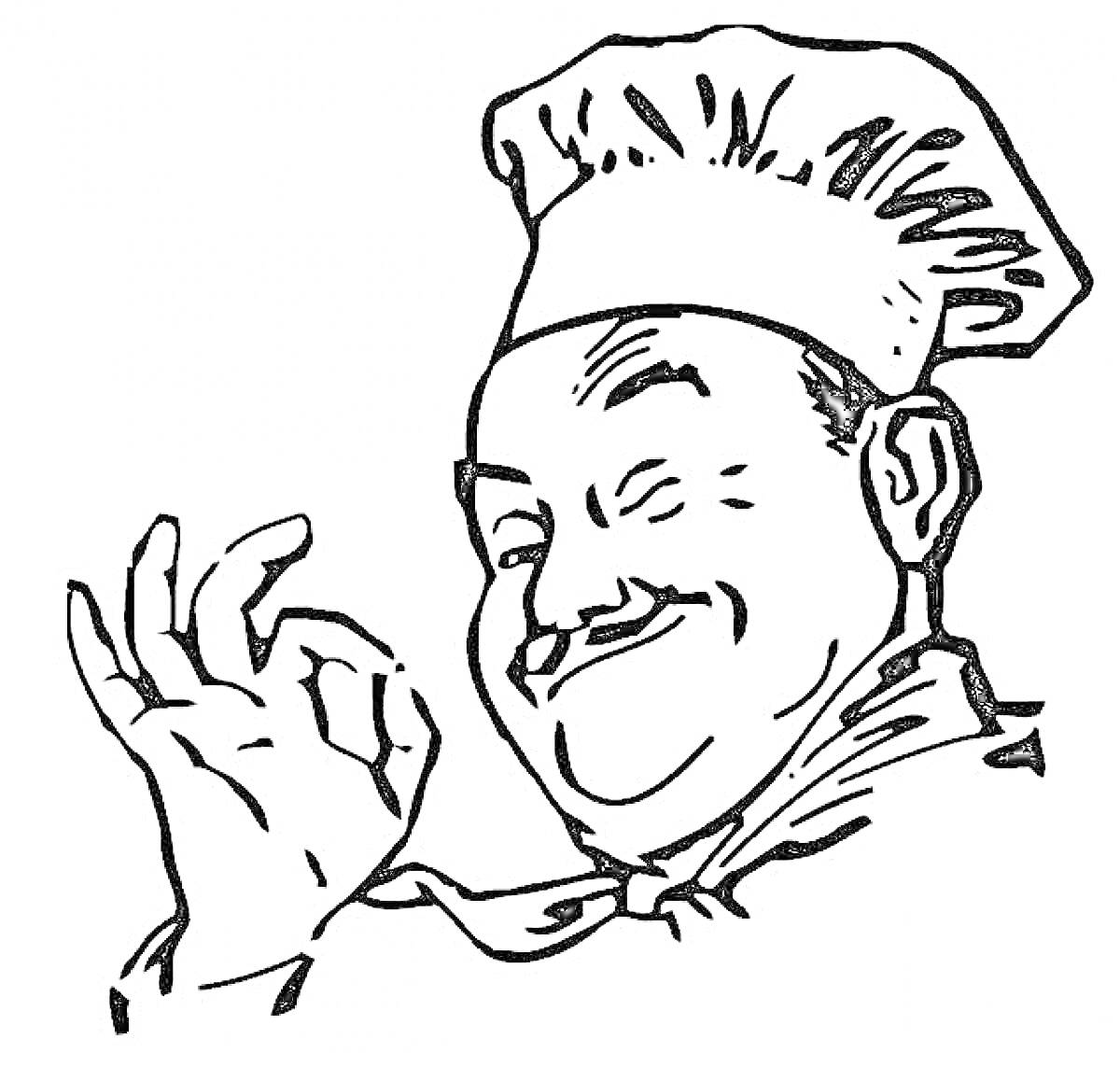 Раскраска Повар в кулинарной шапке показывает жест 