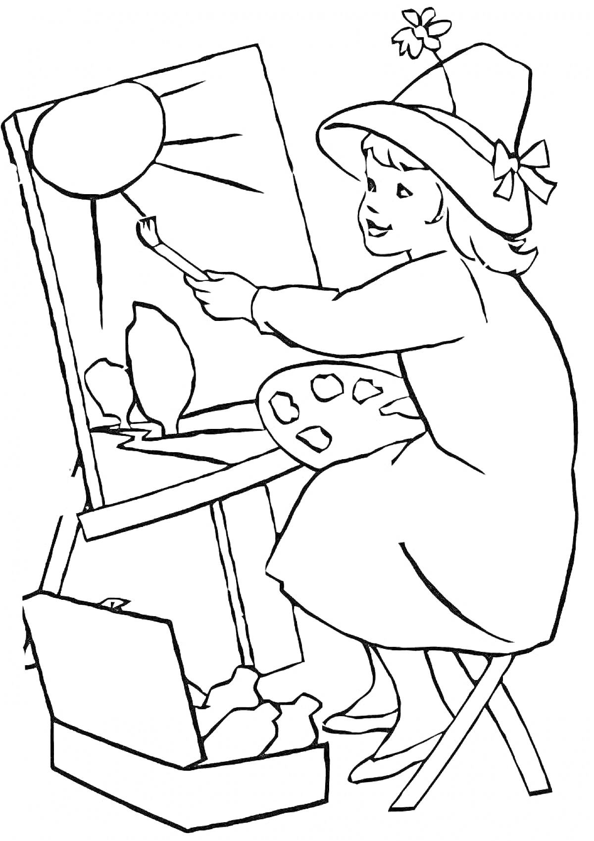 Раскраска девочка-художница с мольбертом и кистью, рисующая пейзаж с солнцем и деревьями, сидящая на стуле и держащая палитру красок, рядом открытый ящик с красками