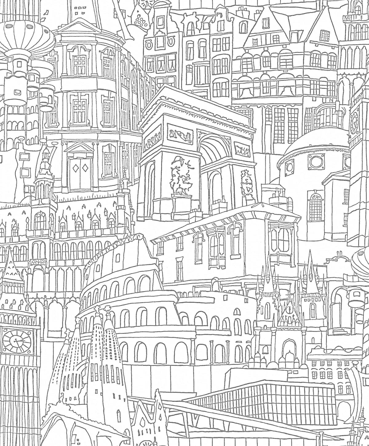 Раскраска Коллаж мировых архитектурных памятников, включающий Римский Колизей, Триумфальную арку, Эйфелеву башню, здания в стиле Барокко и Готики