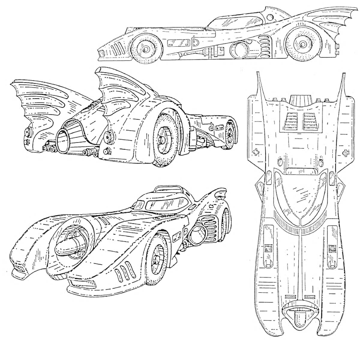 Раскраска Бэтмобиль - вид сбоку, задний вид, вид сзади-сбоку, вид сверху