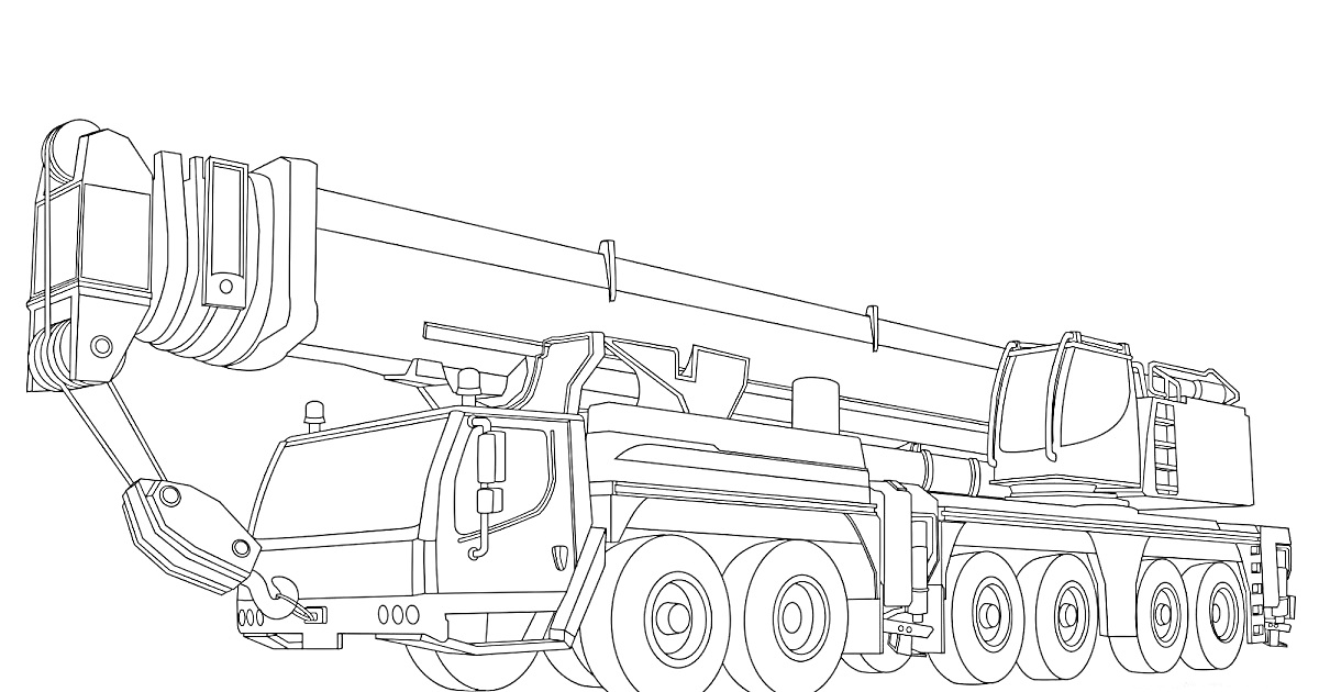 Раскраска Автокран с длинной стрелой и шинами