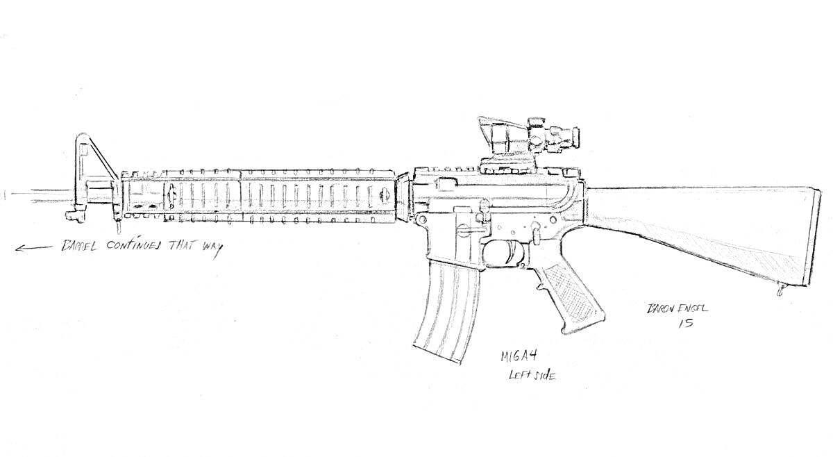 На раскраске изображено: Штурмовая винтовка, M4, Оружие, Прицел, Магазин, Приклад, Военное оборудование