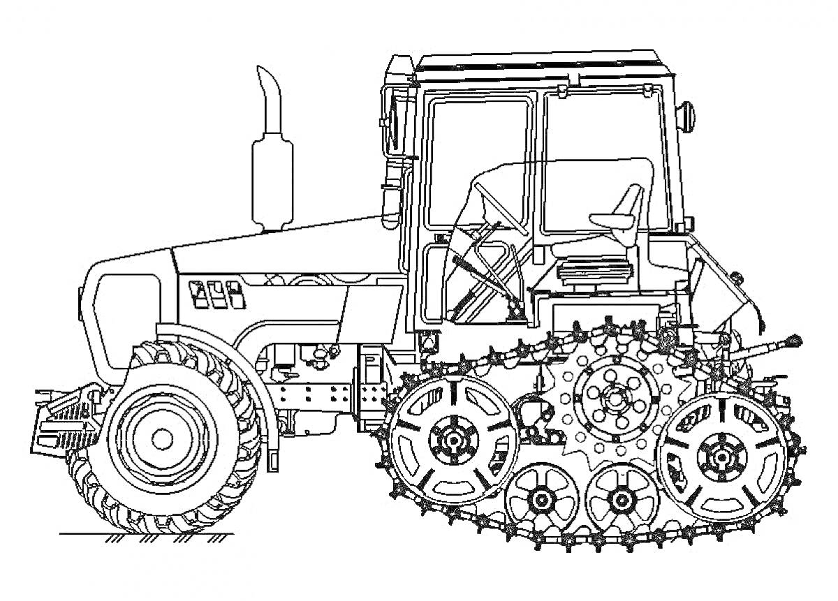 На раскраске изображено: Трактор, Гусеницы, Колёса, Окна