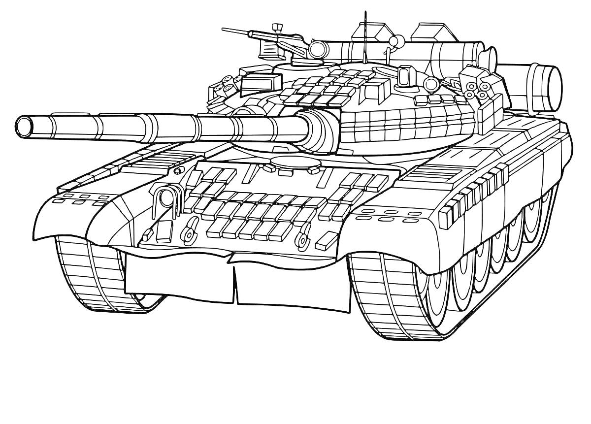 Раскраска Раскраска танка Т-72 с деталями, включая пушку, гусеницы, броню и командирскую башню.