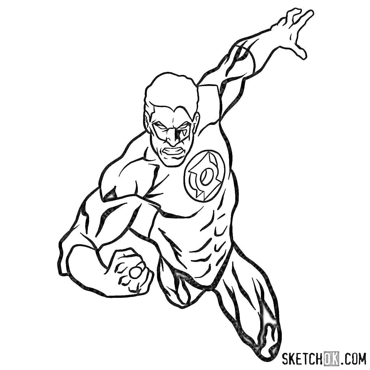 Раскраска Супергерой в полете с эмблемой кольца на груди