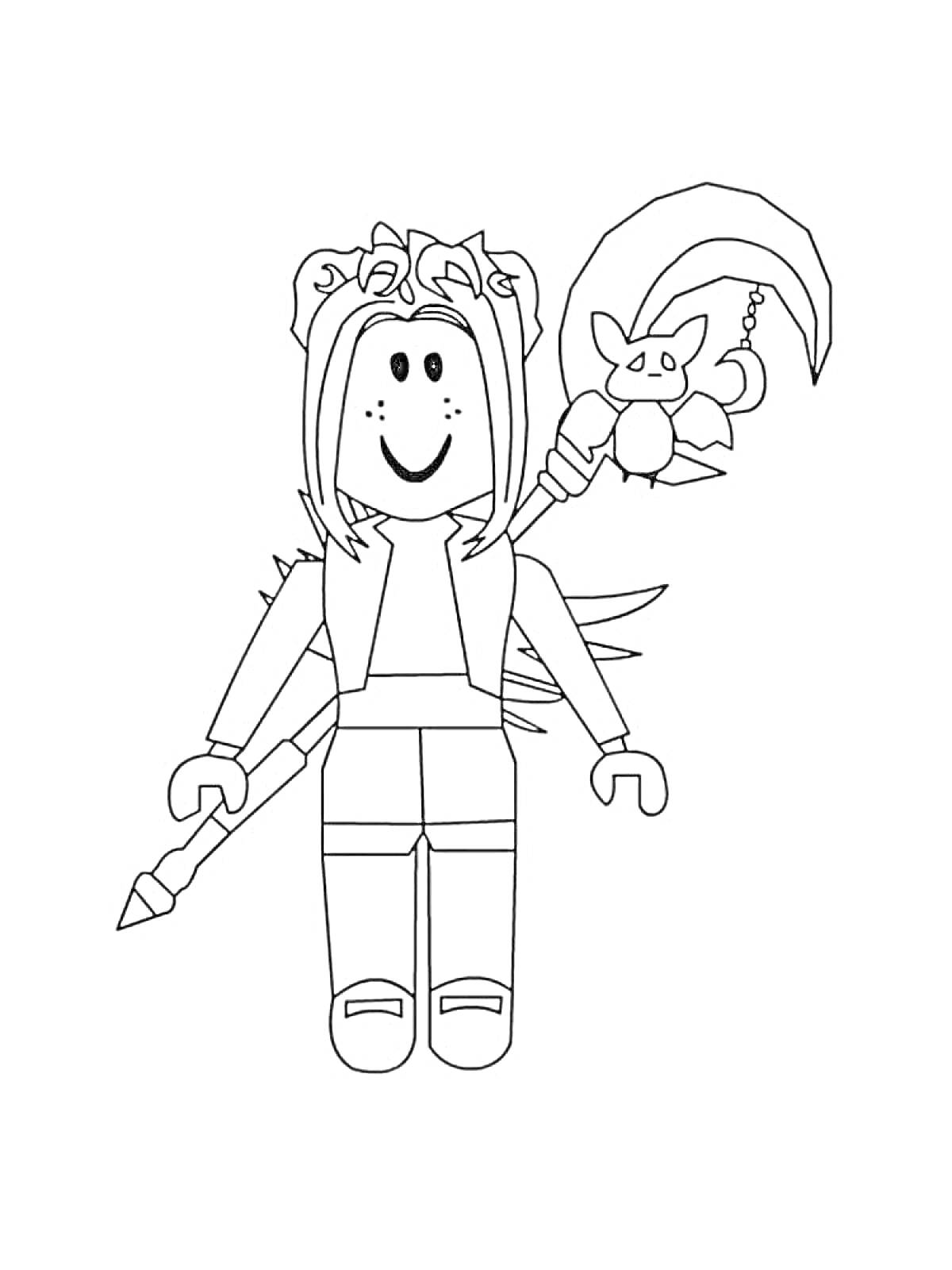 Раскраска Персонаж из Roblox с длинными волосами, короной, посохом с крыльями и милым существом на конце, копьем в руке