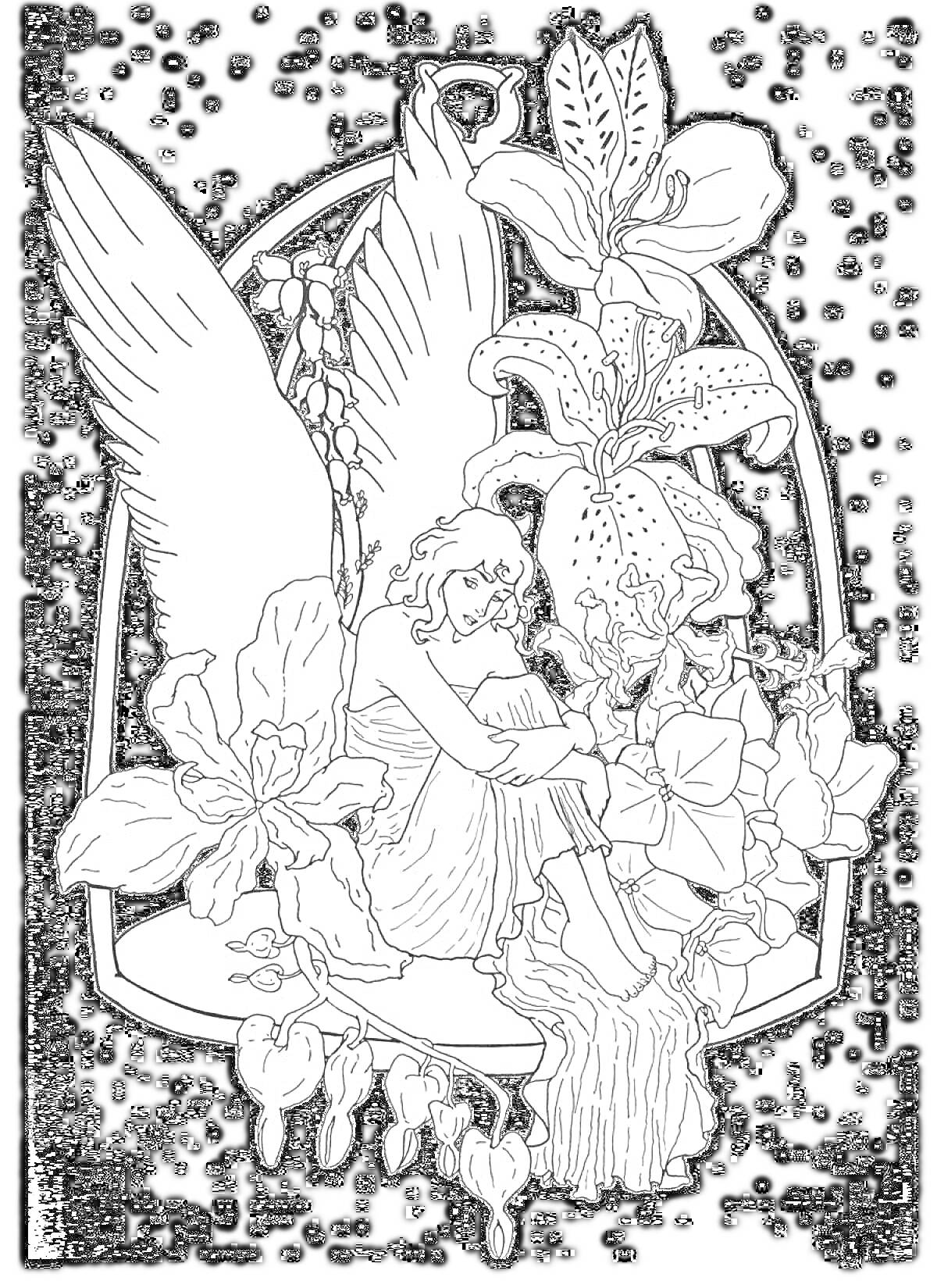 На раскраске изображено: Ангел, Цветы, Крылья, Лилии, Арка