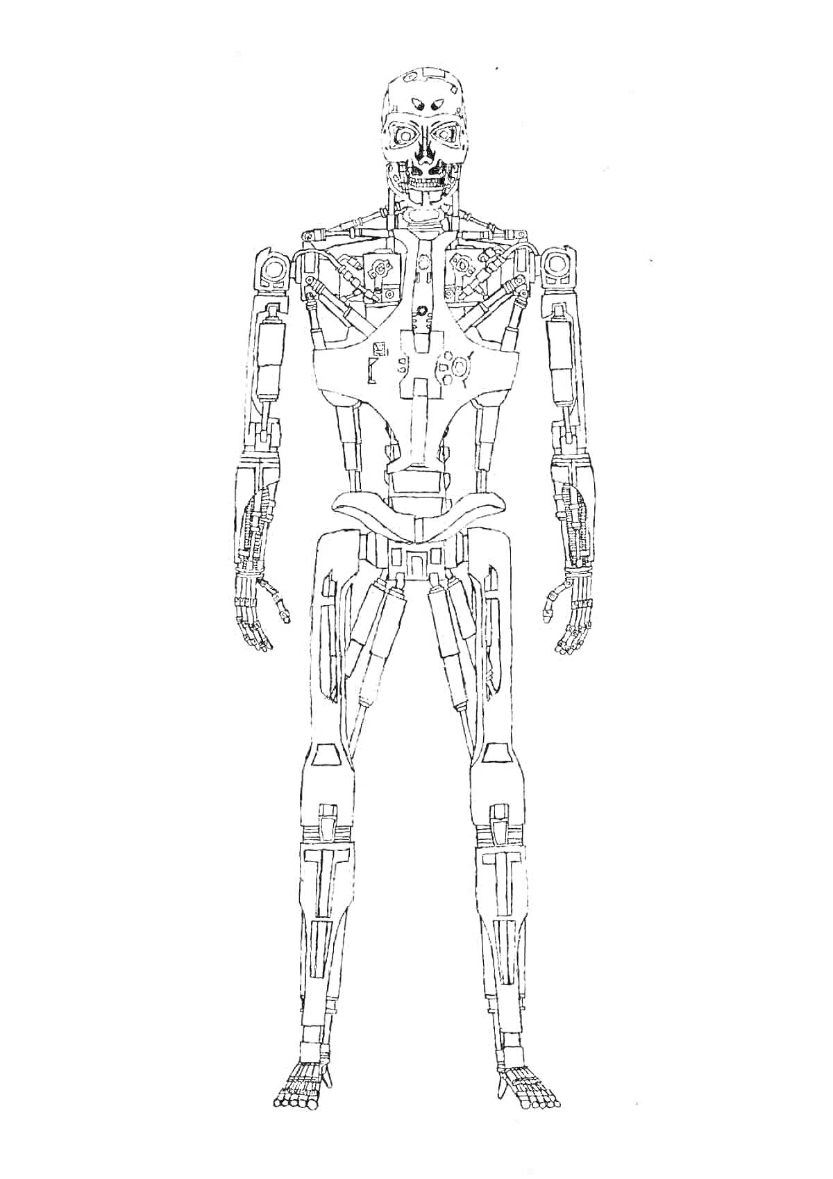 Раскраска Робот-терминатор в полный рост с детализированной механической структурой