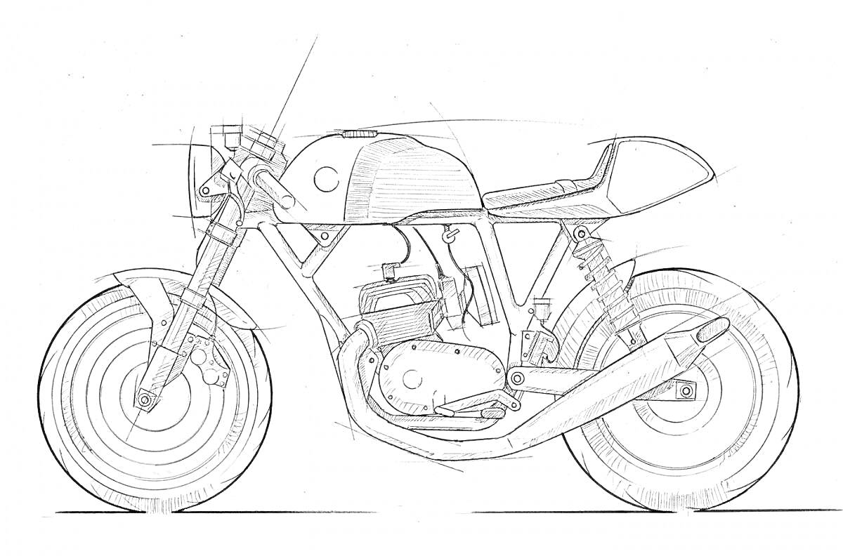 На раскраске изображено: Мотоцикл, Топливный бак, Руль, Колёса