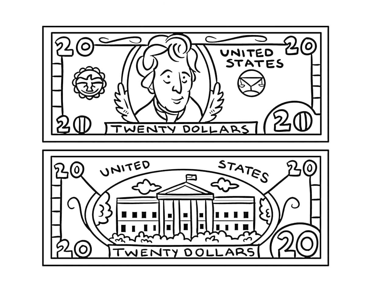 Раскраска Двадцатидолларовая купюра США с портретом и зданием