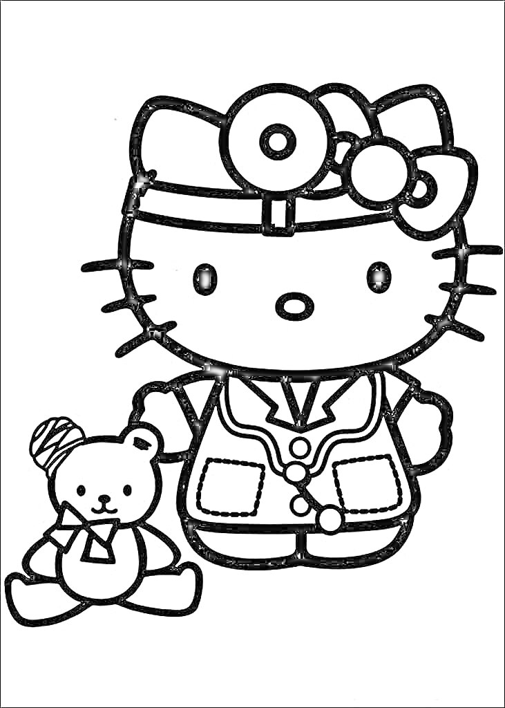 Раскраска Китти в костюме врача с плюшевым мишкой