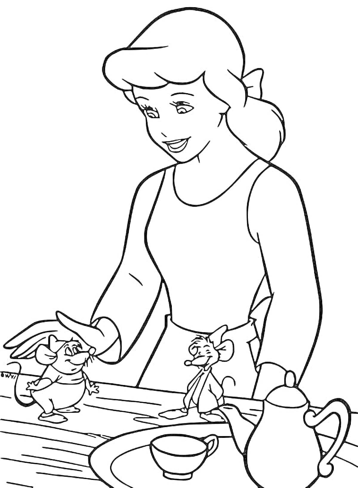 Раскраска Золушка с двумя мышами, чайник и чашка на столе