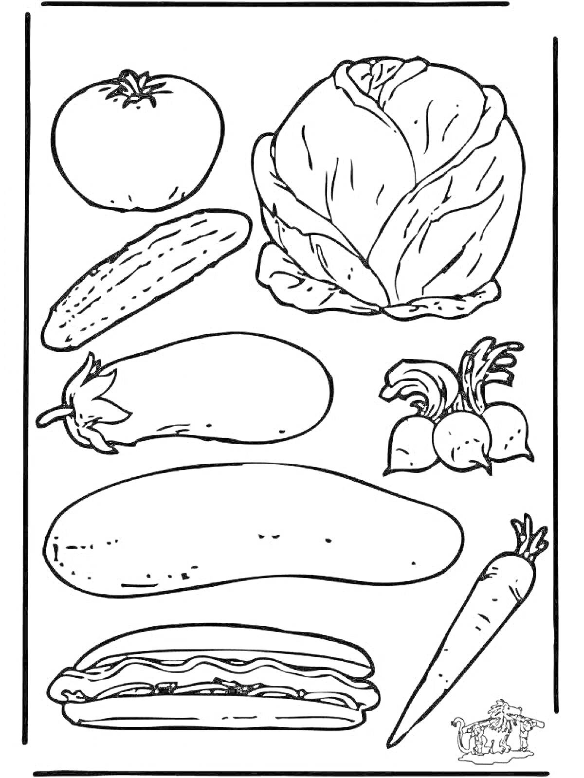 Раскраска Овощи для детей - помидор, капуста, огурец, баклажан, редиска, кабачок, морковка