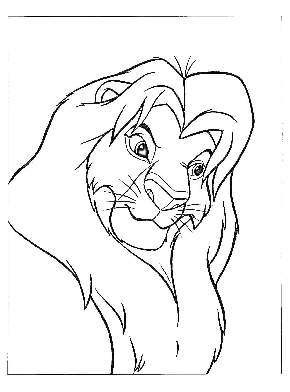 На раскраске изображено: Симба, Король лев, Лев, Лицо