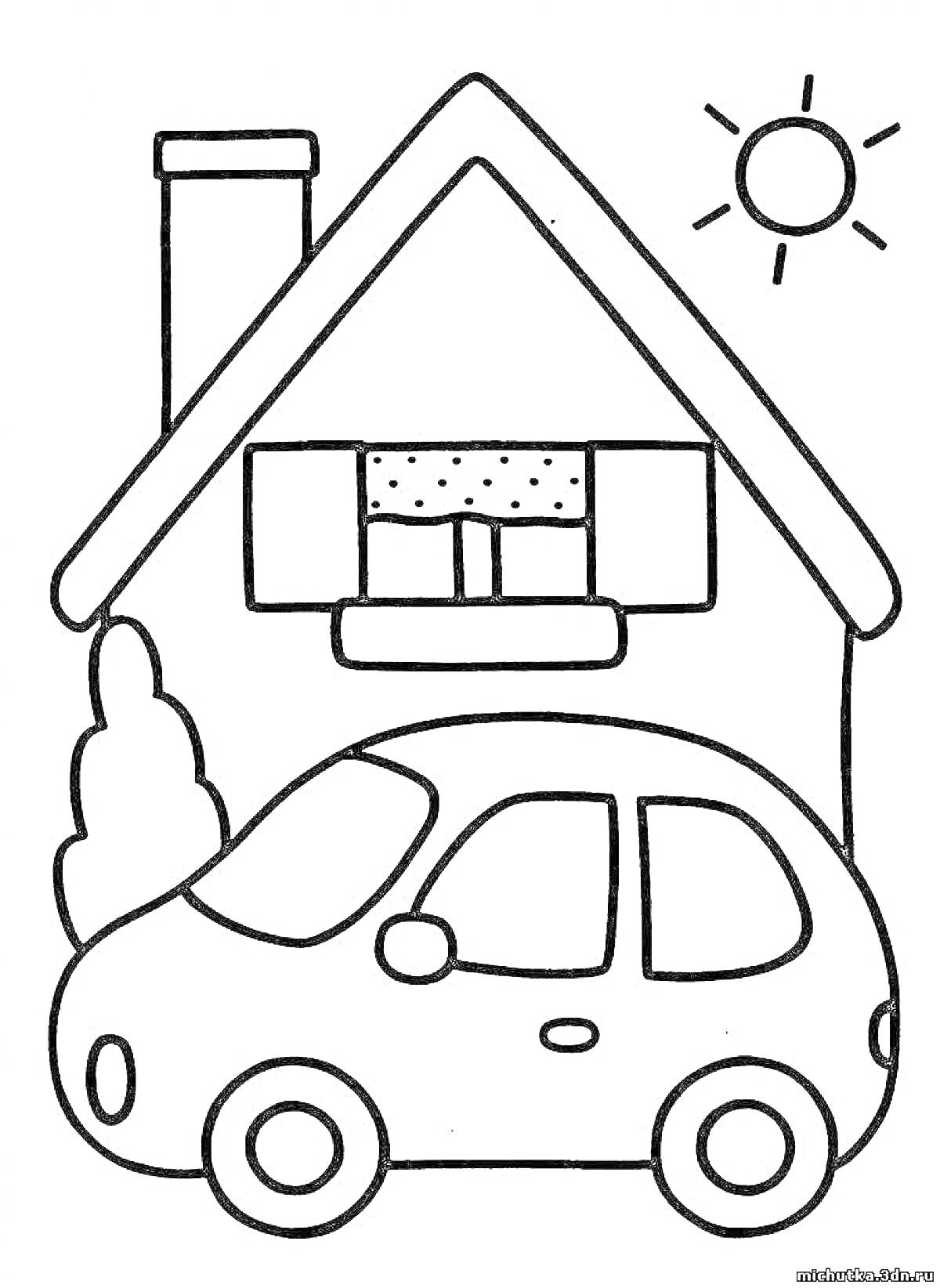 На раскраске изображено: Домик, Солнце, Для детей, 2 года, 3 года