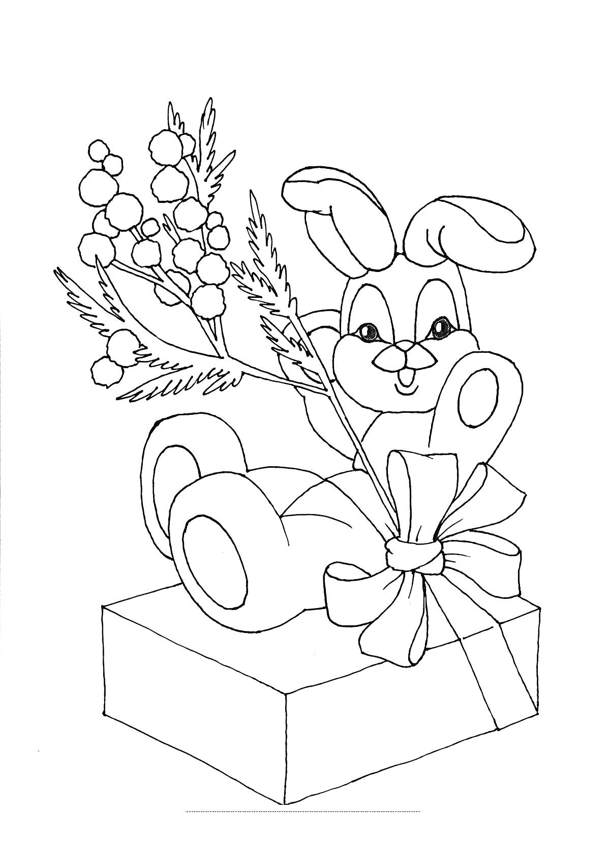 Раскраска Кролик с букетом и подарочной коробкой