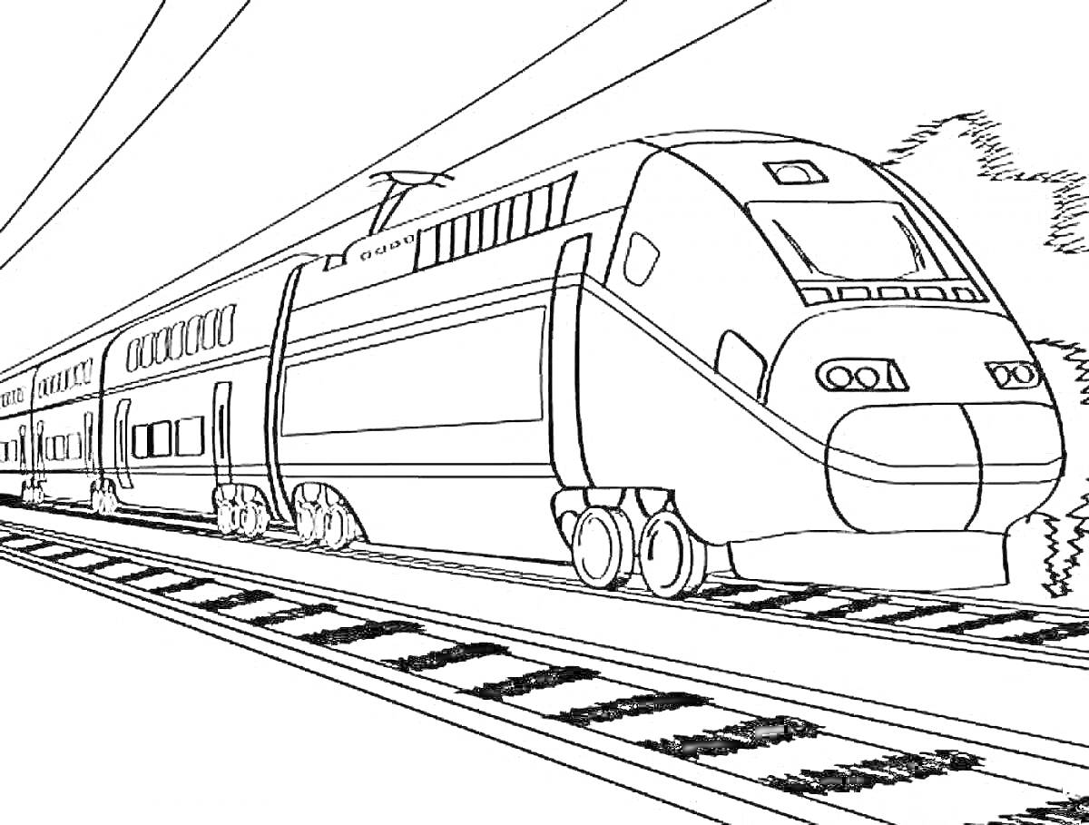 Раскраска Скоростной поезд на железной дороге в окружении деревьев