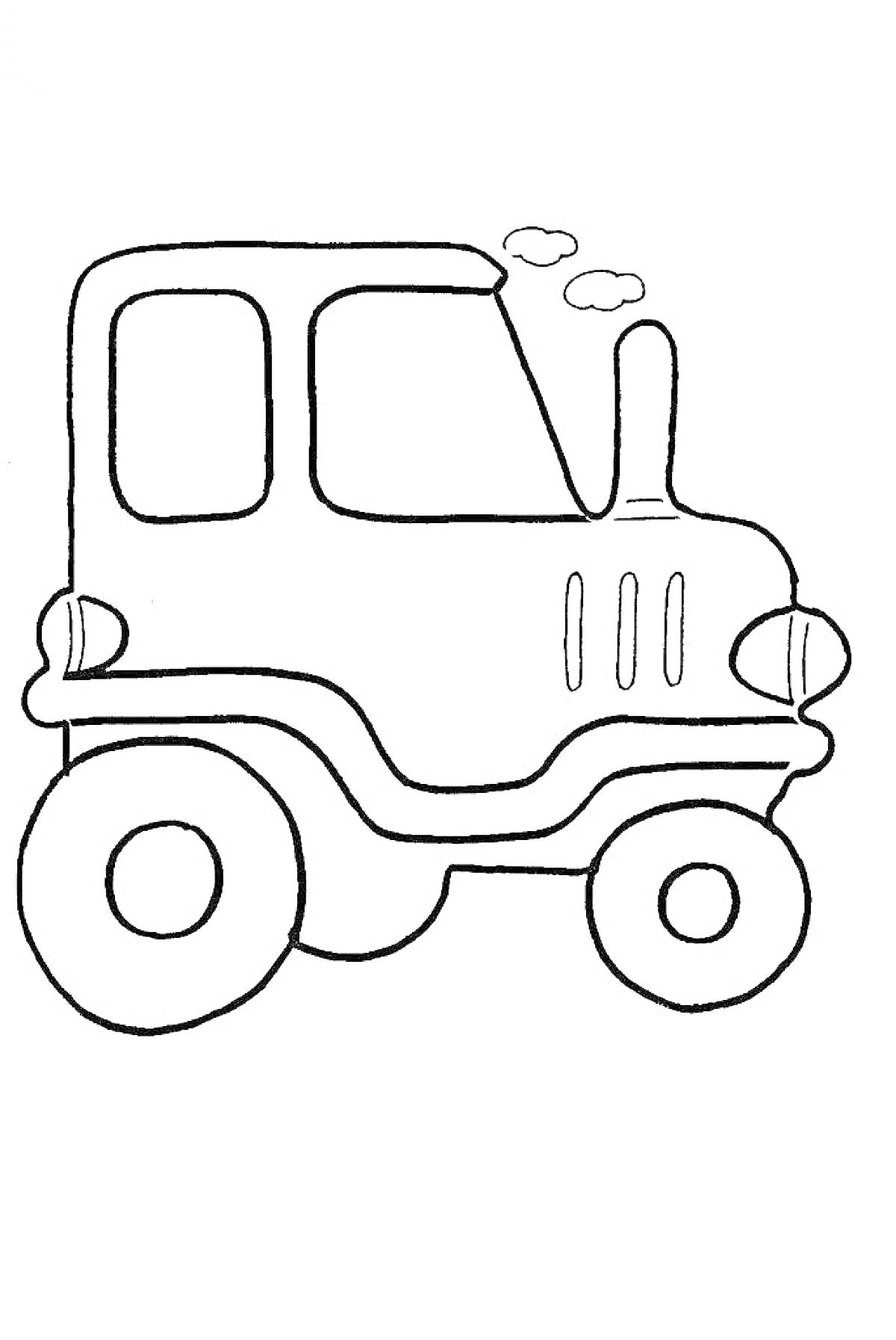 На раскраске изображено: Транспорт, Трактор, Большие колеса, 3 года, 4 года, Для детей
