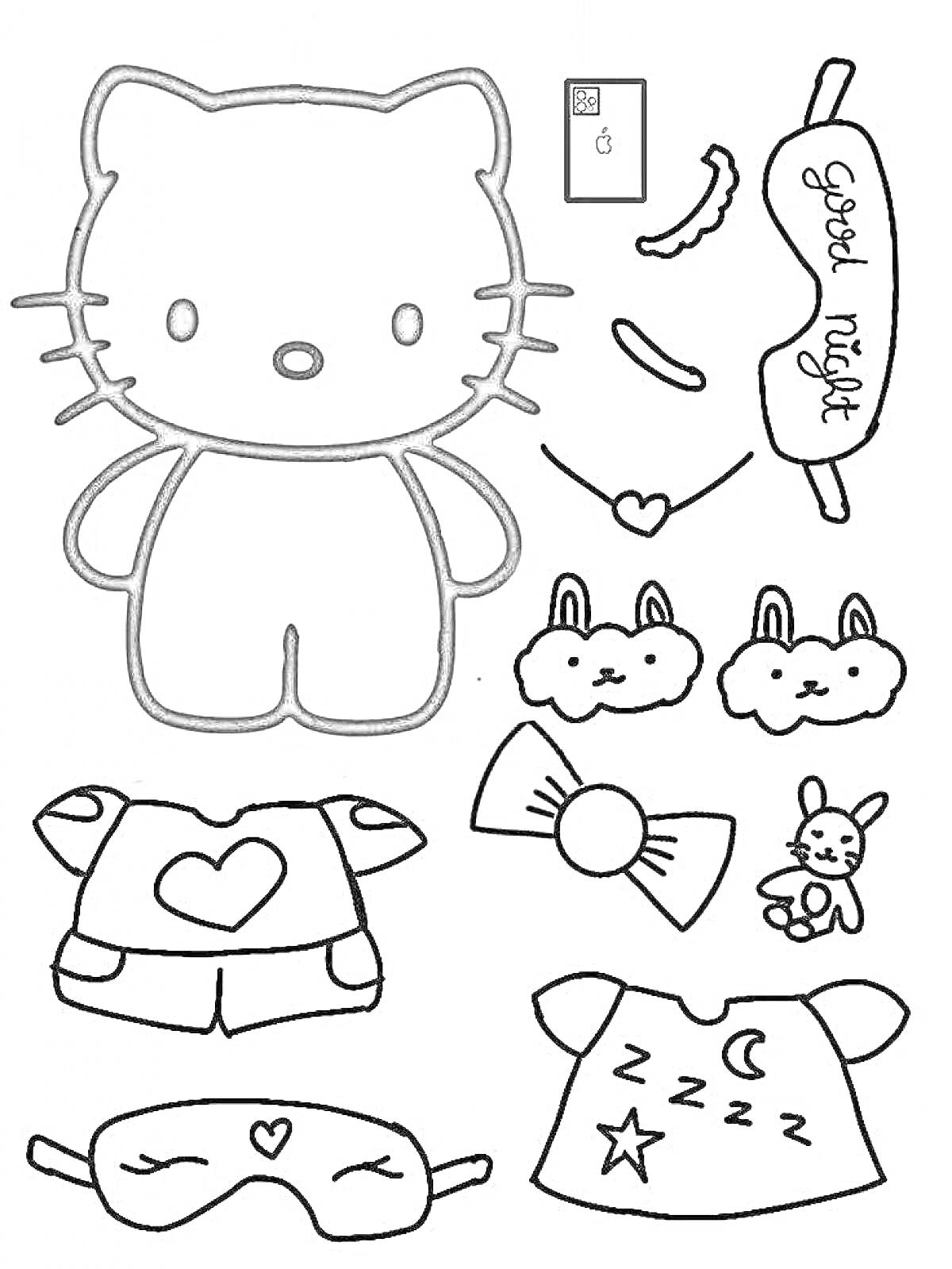 Раскраска Hello Kitty с комплектом одежды и аксессуаров для сна (маска для сна, пижама, носки, тапочки, игрушка, подушка)