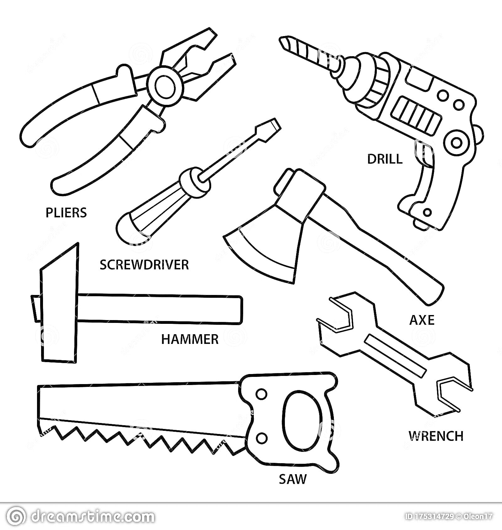 Раскраска инструментальная раскраска для дошкольников - плоскогубцы, дрель, отвертка, топор, молоток, гаечный ключ, пила