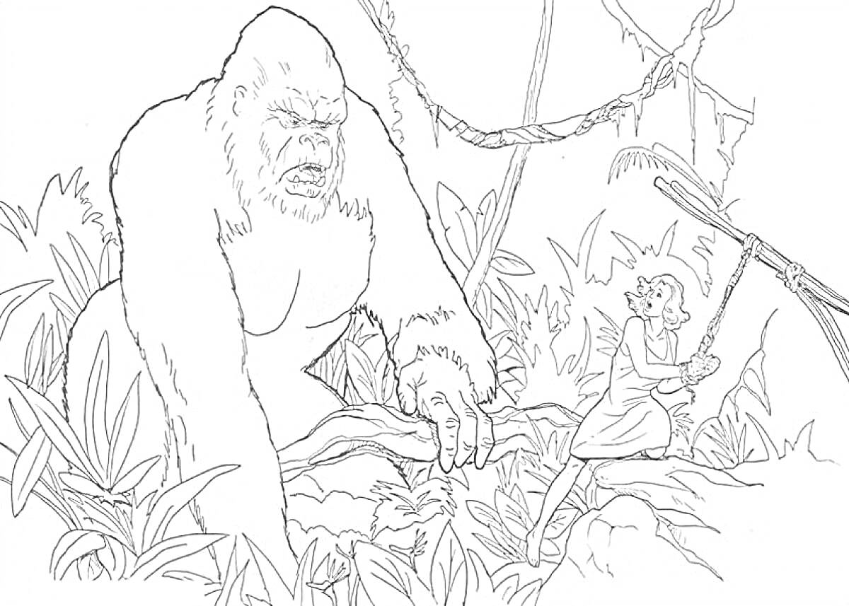 Раскраска Кинг-Конг охотится за человеком в джунглях