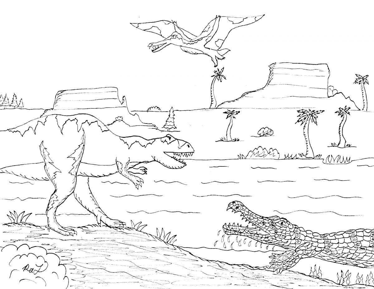 Раскраска Сцена с саркозухом, динозавром и птерозавром на фоне реки, гор и пальм