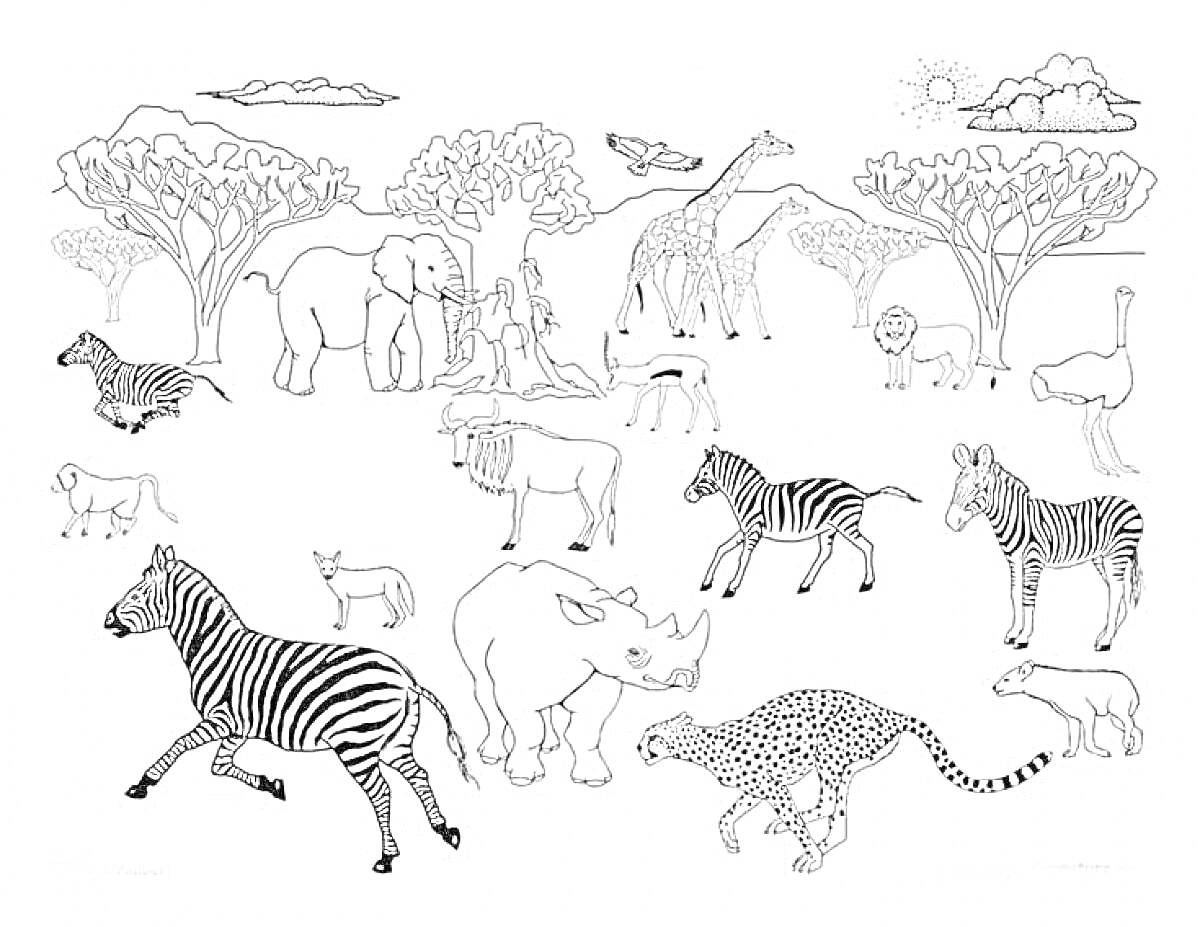 Животные африканской саванны. Изображены деревья, облака, солнце, гора, жираф, страус, носорог, антилопа, буйвол, зебра, гепард, слоны, лев, павлин, газель.