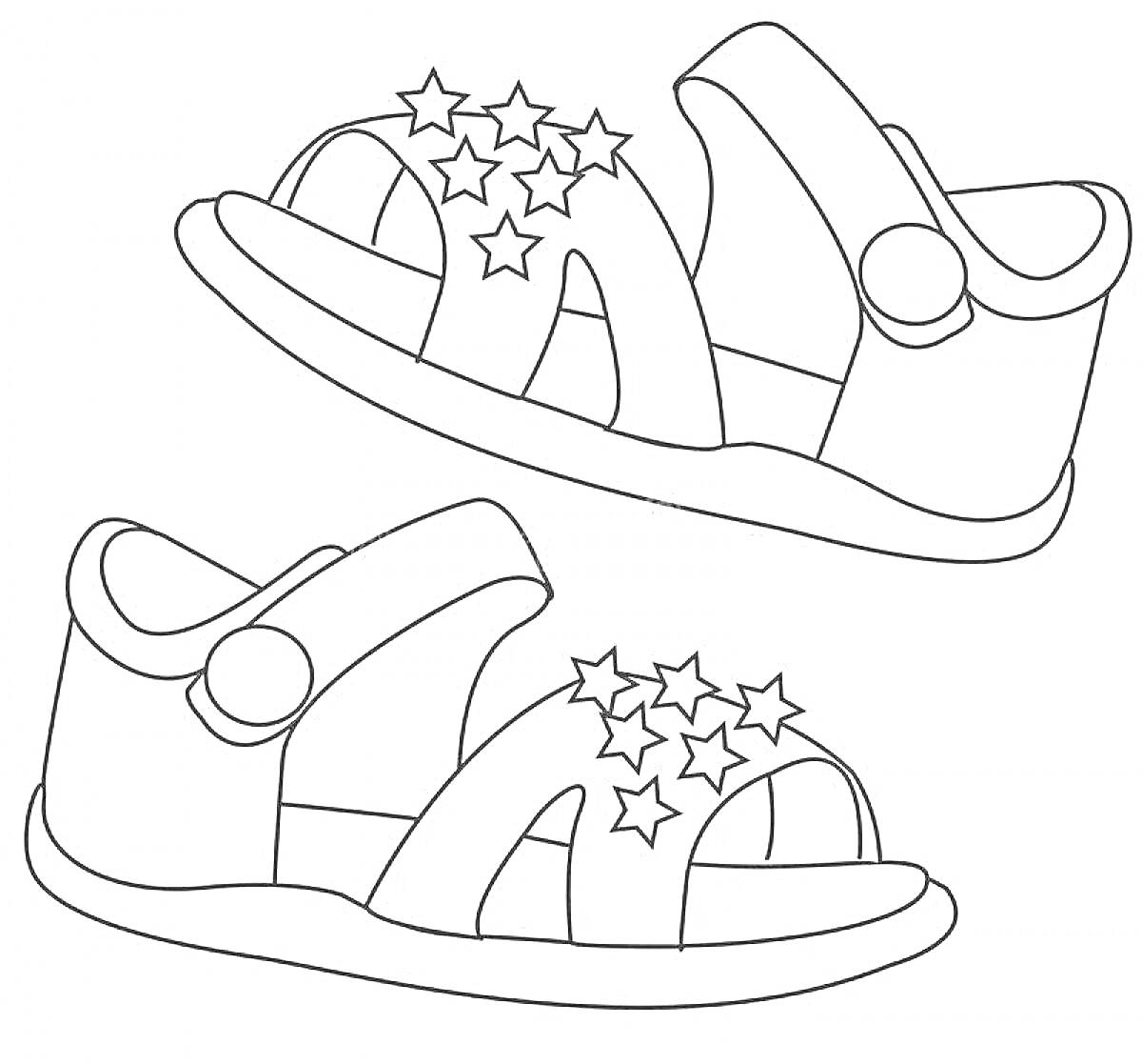 На раскраске изображено: Обувь, Сандалии, Ремешки, Звезды, Летняя обувь, Творчество